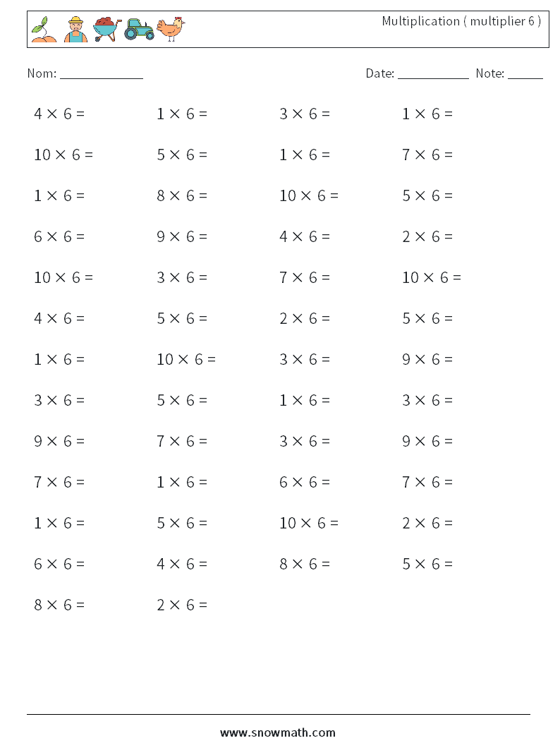(50) Multiplication ( multiplier 6 ) Fiches d'Exercices de Mathématiques 3