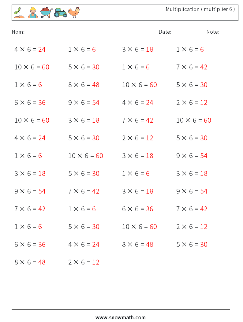 (50) Multiplication ( multiplier 6 ) Fiches d'Exercices de Mathématiques 3 Question, Réponse