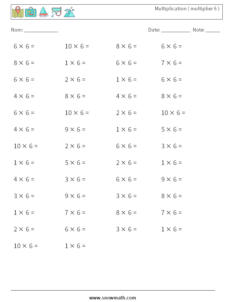 (50) Multiplication ( multiplier 6 ) Fiches d'Exercices de Mathématiques 4
