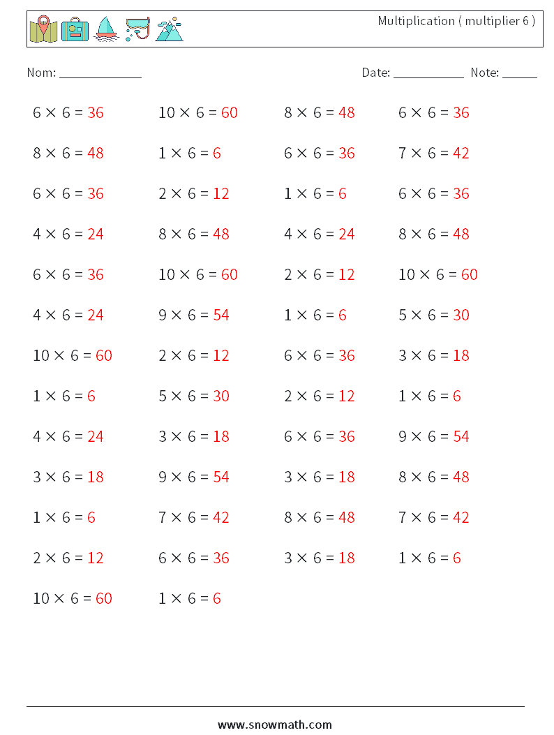 (50) Multiplication ( multiplier 6 ) Fiches d'Exercices de Mathématiques 4 Question, Réponse