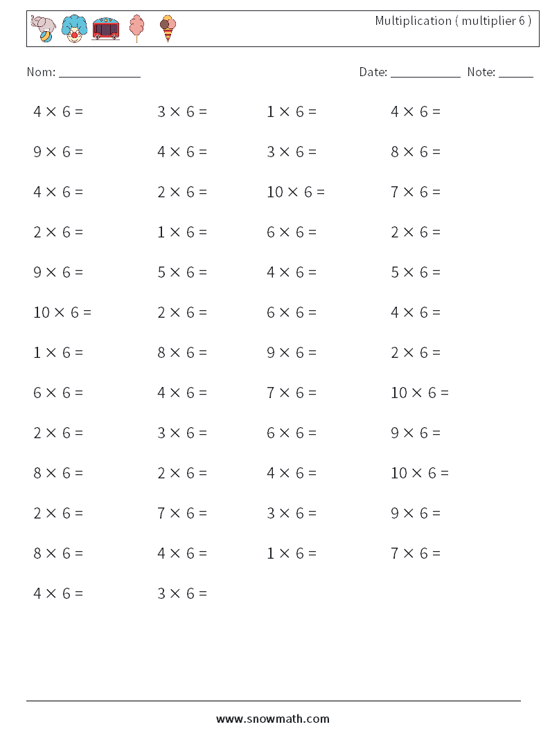 (50) Multiplication ( multiplier 6 ) Fiches d'Exercices de Mathématiques 5