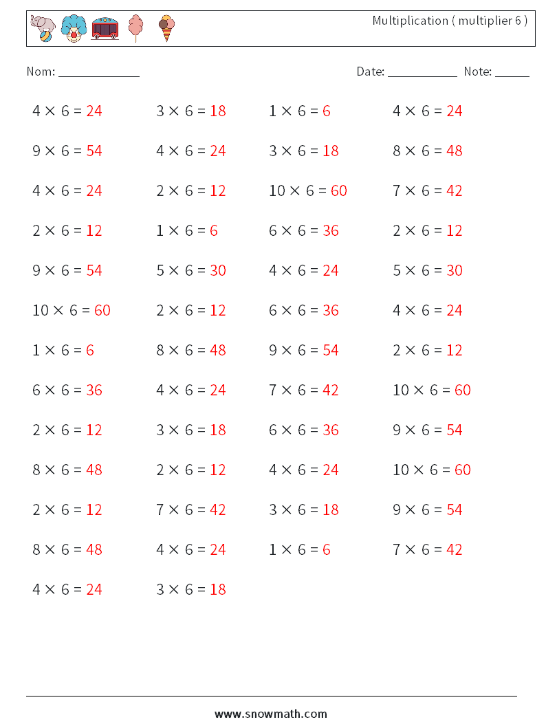 (50) Multiplication ( multiplier 6 ) Fiches d'Exercices de Mathématiques 5 Question, Réponse