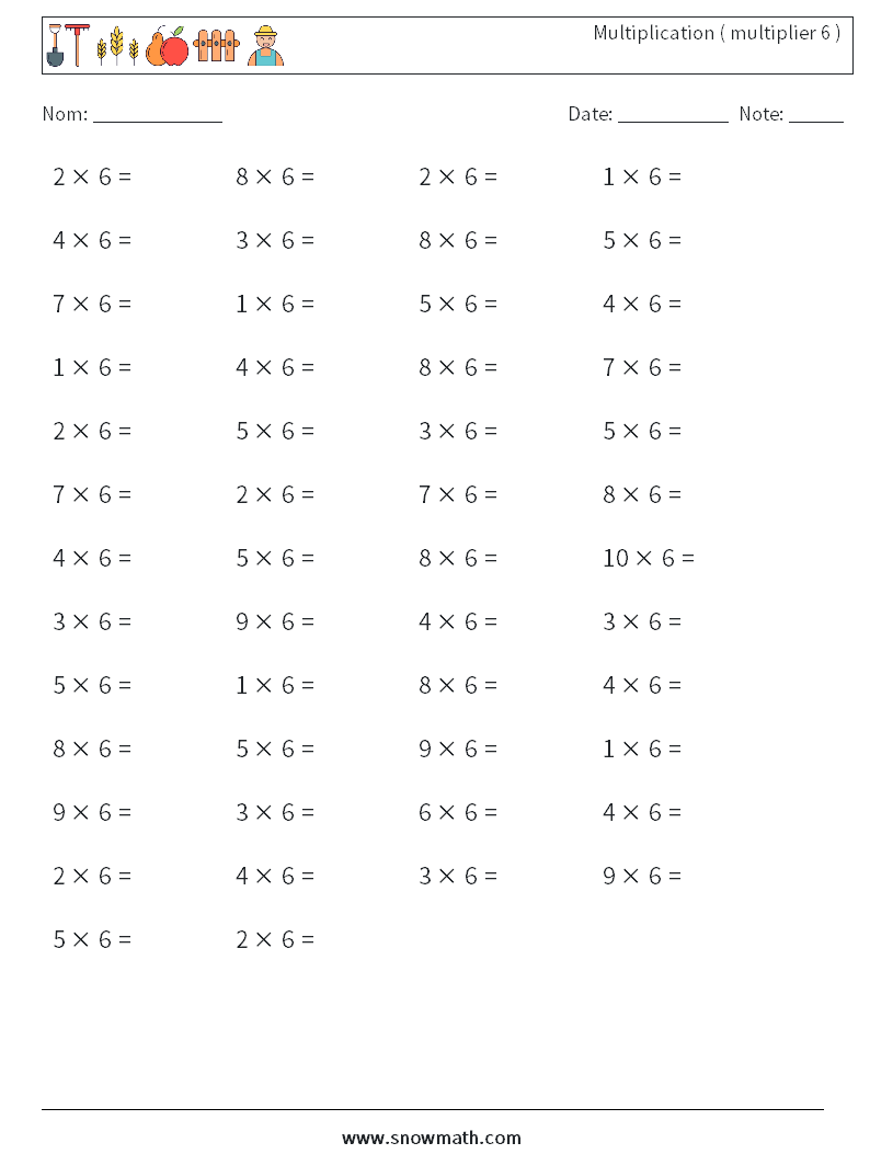 (50) Multiplication ( multiplier 6 ) Fiches d'Exercices de Mathématiques 6