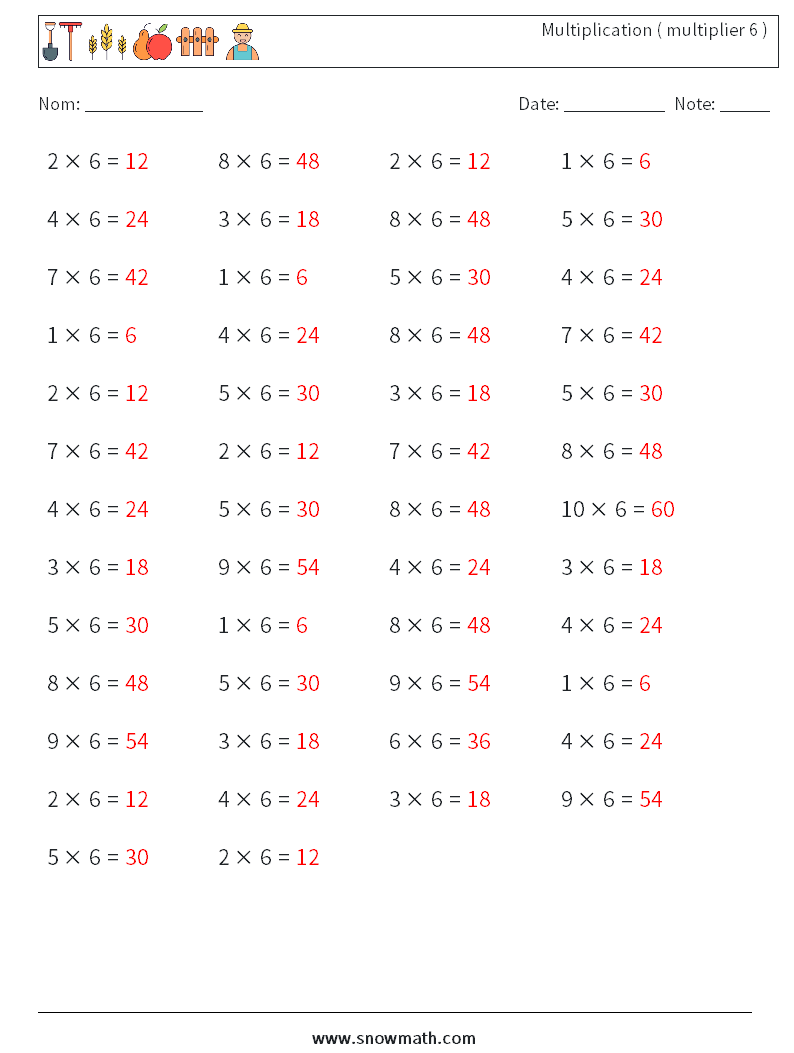 (50) Multiplication ( multiplier 6 ) Fiches d'Exercices de Mathématiques 6 Question, Réponse