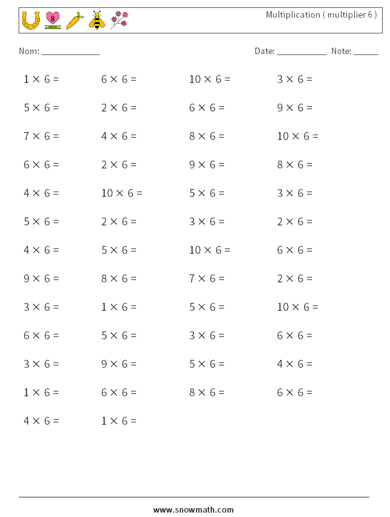 (50) Multiplication ( multiplier 6 ) Fiches d'Exercices de Mathématiques 7