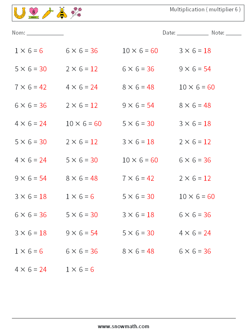 (50) Multiplication ( multiplier 6 ) Fiches d'Exercices de Mathématiques 7 Question, Réponse