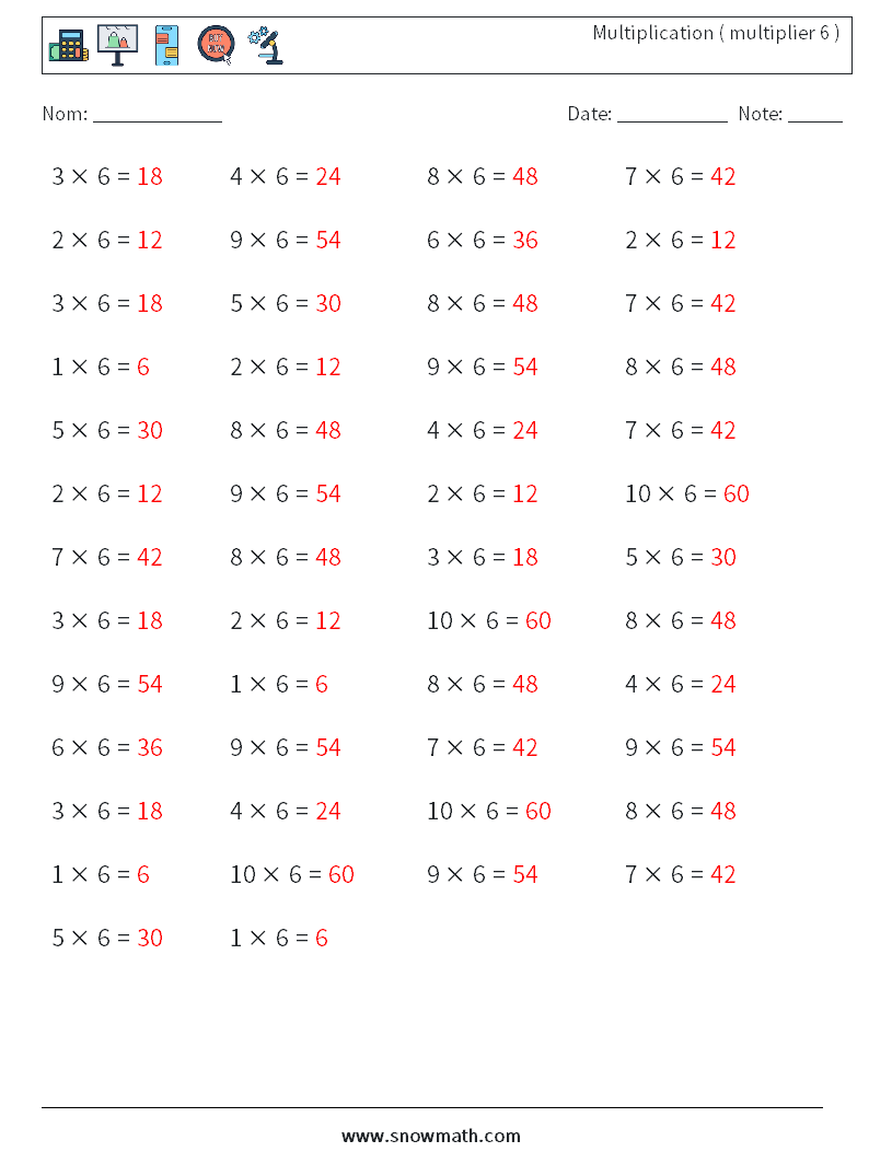 (50) Multiplication ( multiplier 6 ) Fiches d'Exercices de Mathématiques 9 Question, Réponse