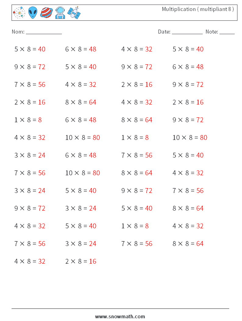 (50) Multiplication ( multipliant 8 ) Fiches d'Exercices de Mathématiques 1 Question, Réponse