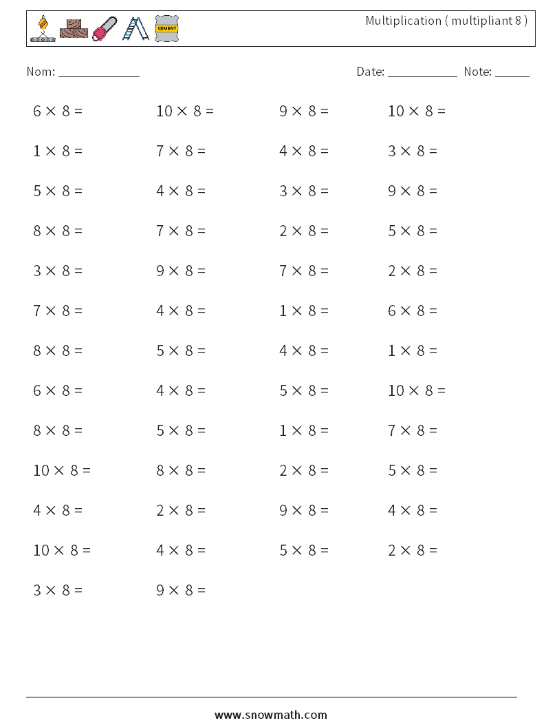 (50) Multiplication ( multipliant 8 ) Fiches d'Exercices de Mathématiques 2