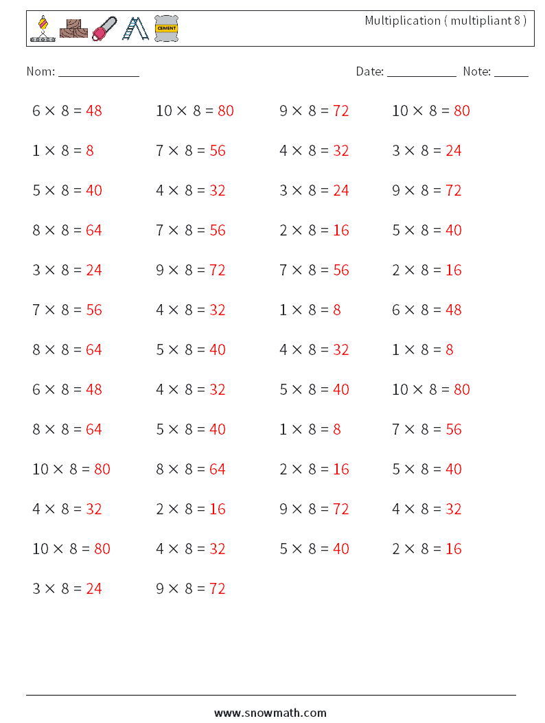 (50) Multiplication ( multipliant 8 ) Fiches d'Exercices de Mathématiques 2 Question, Réponse