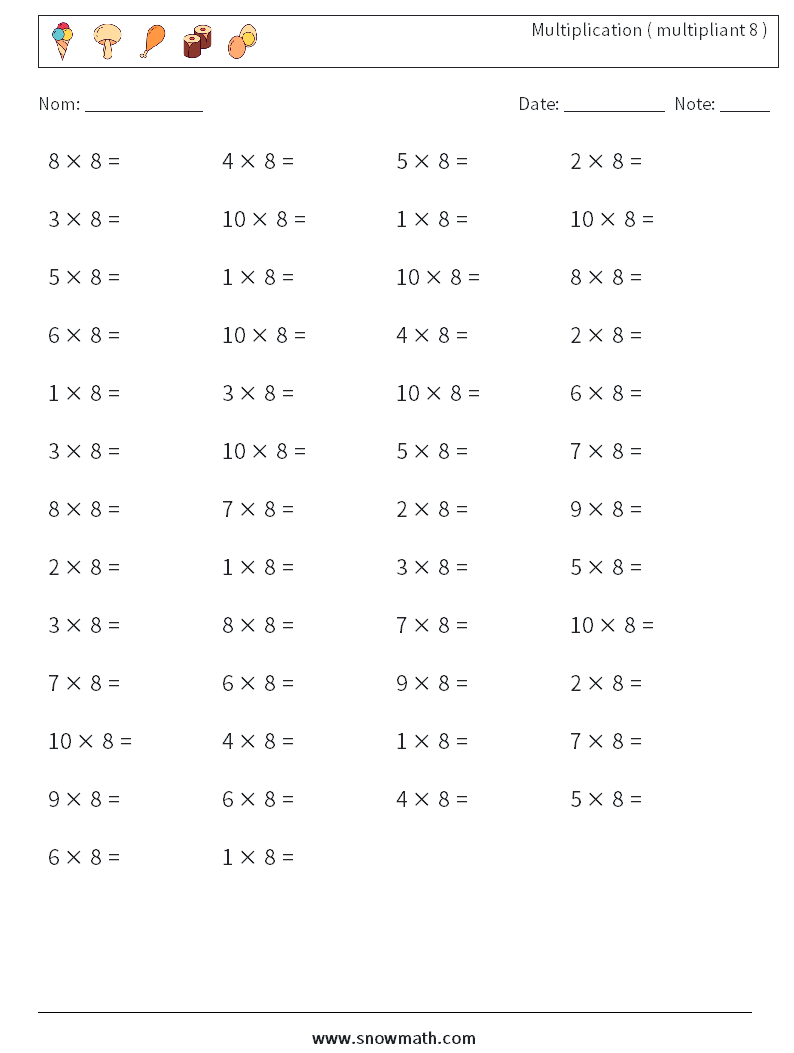 (50) Multiplication ( multipliant 8 ) Fiches d'Exercices de Mathématiques 3