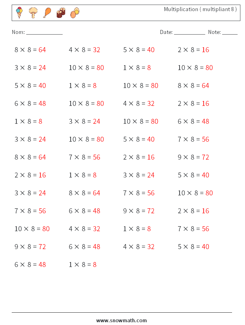 (50) Multiplication ( multipliant 8 ) Fiches d'Exercices de Mathématiques 3 Question, Réponse