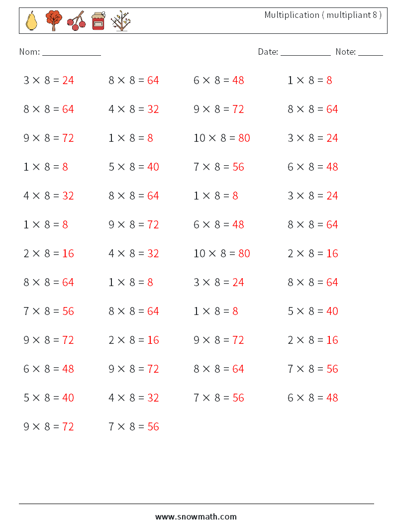 (50) Multiplication ( multipliant 8 ) Fiches d'Exercices de Mathématiques 4 Question, Réponse