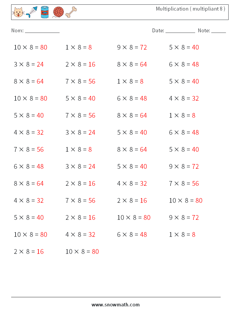 (50) Multiplication ( multipliant 8 ) Fiches d'Exercices de Mathématiques 5 Question, Réponse
