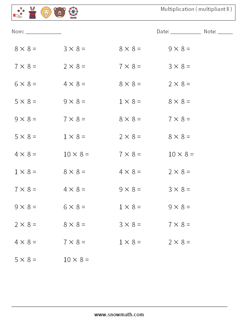 (50) Multiplication ( multipliant 8 ) Fiches d'Exercices de Mathématiques 7