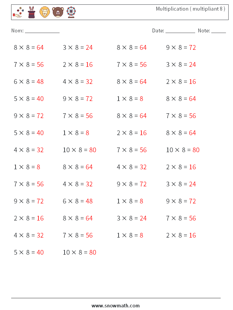(50) Multiplication ( multipliant 8 ) Fiches d'Exercices de Mathématiques 7 Question, Réponse