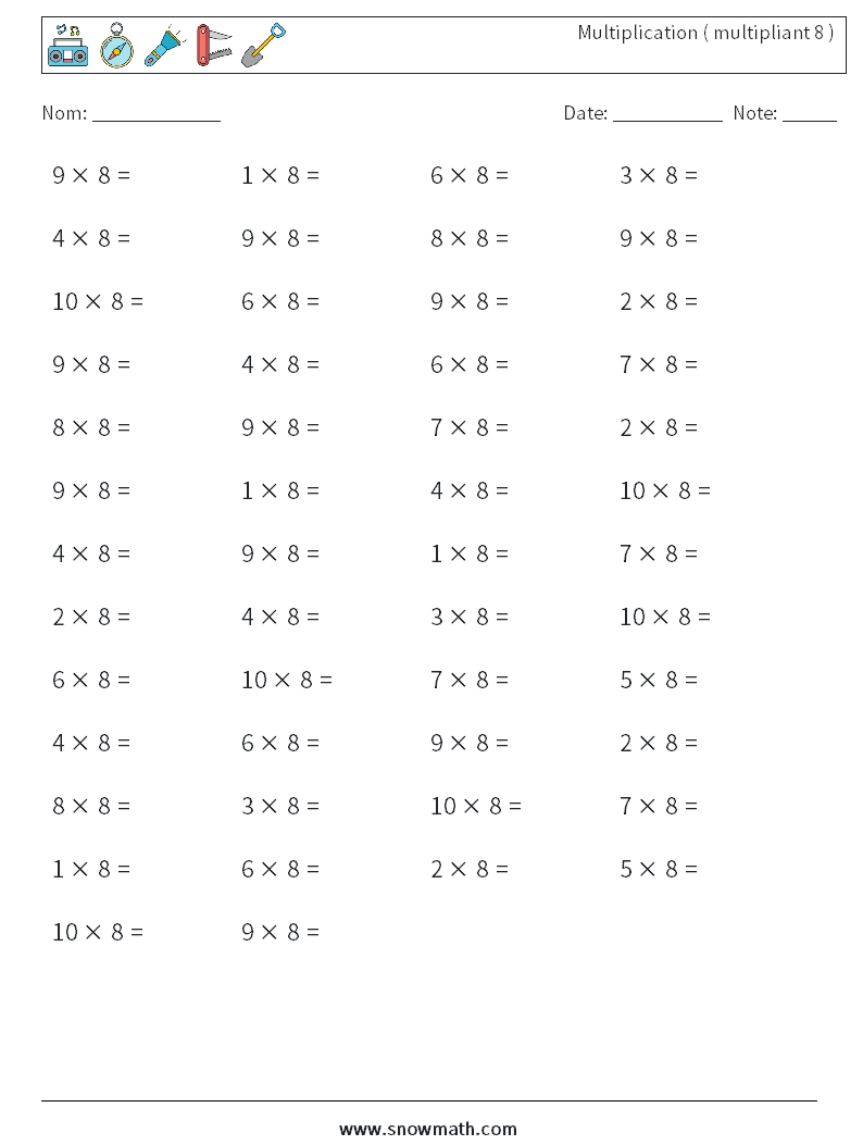 (50) Multiplication ( multipliant 8 ) Fiches d'Exercices de Mathématiques 9