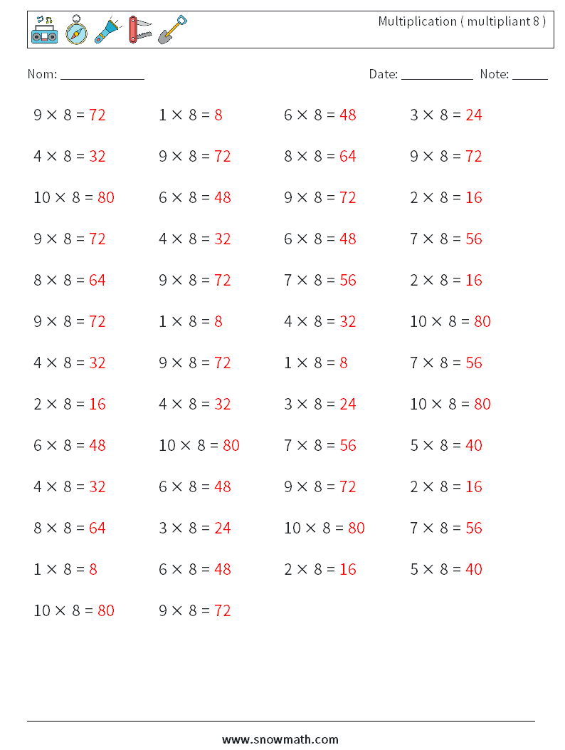 (50) Multiplication ( multipliant 8 ) Fiches d'Exercices de Mathématiques 9 Question, Réponse