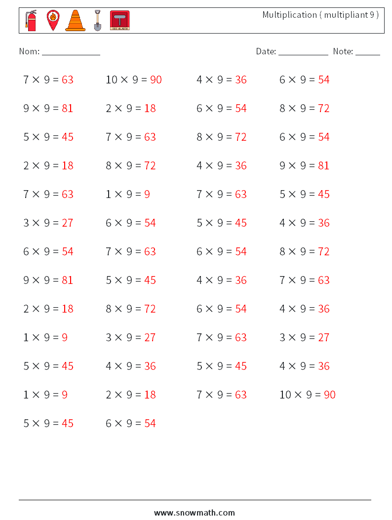 (50) Multiplication ( multipliant 9 ) Fiches d'Exercices de Mathématiques 2 Question, Réponse