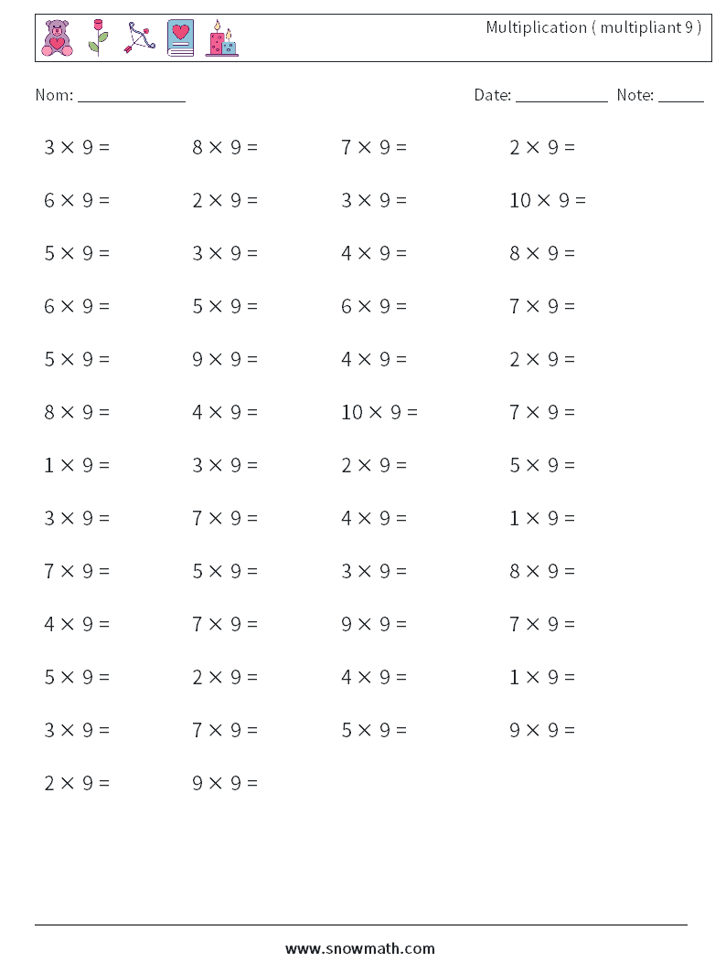 (50) Multiplication ( multipliant 9 ) Fiches d'Exercices de Mathématiques 3