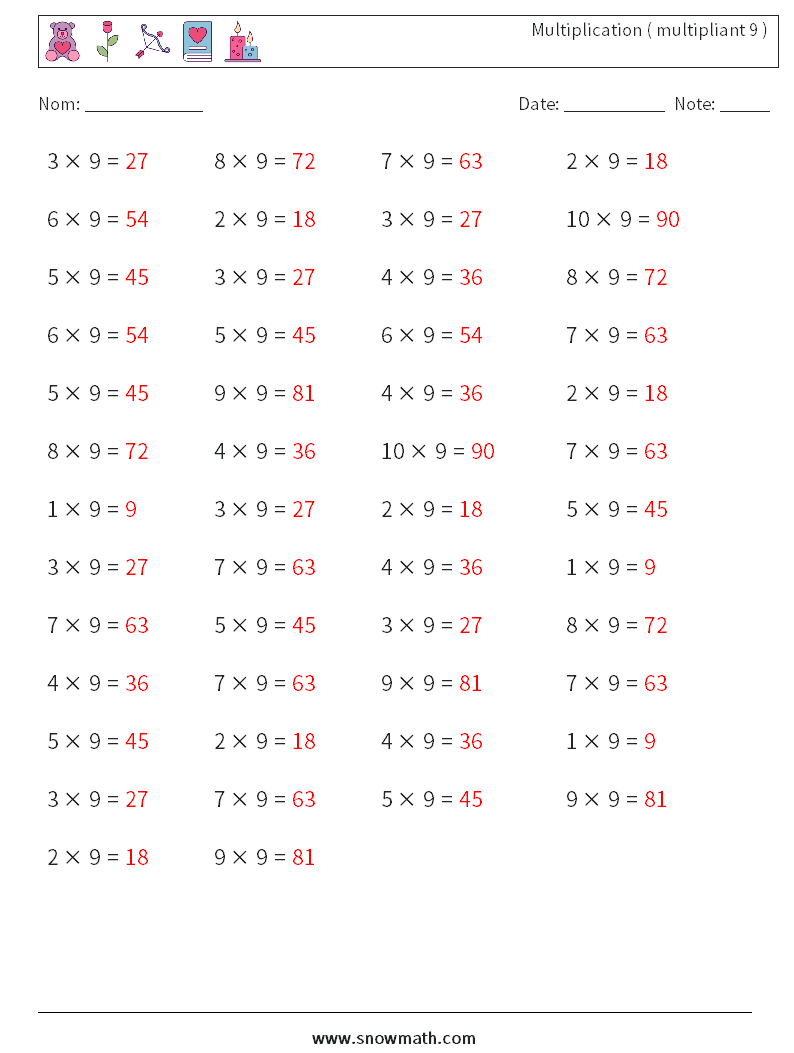 (50) Multiplication ( multipliant 9 ) Fiches d'Exercices de Mathématiques 3 Question, Réponse