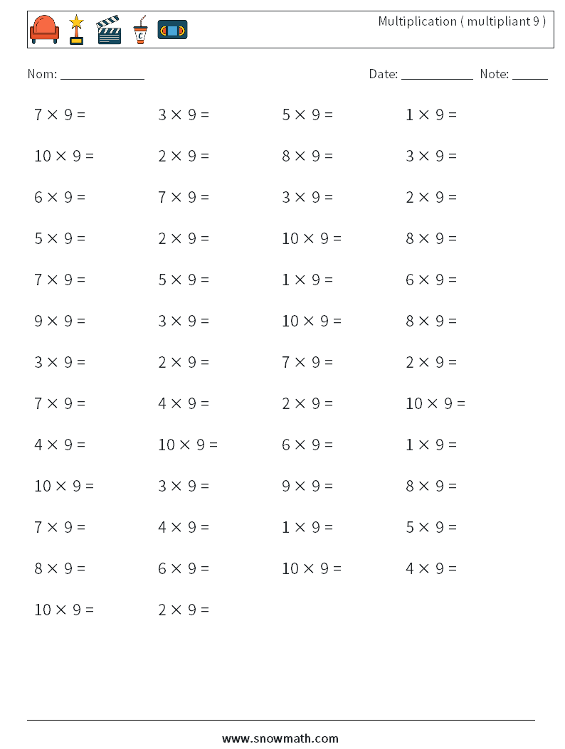 (50) Multiplication ( multipliant 9 ) Fiches d'Exercices de Mathématiques 4