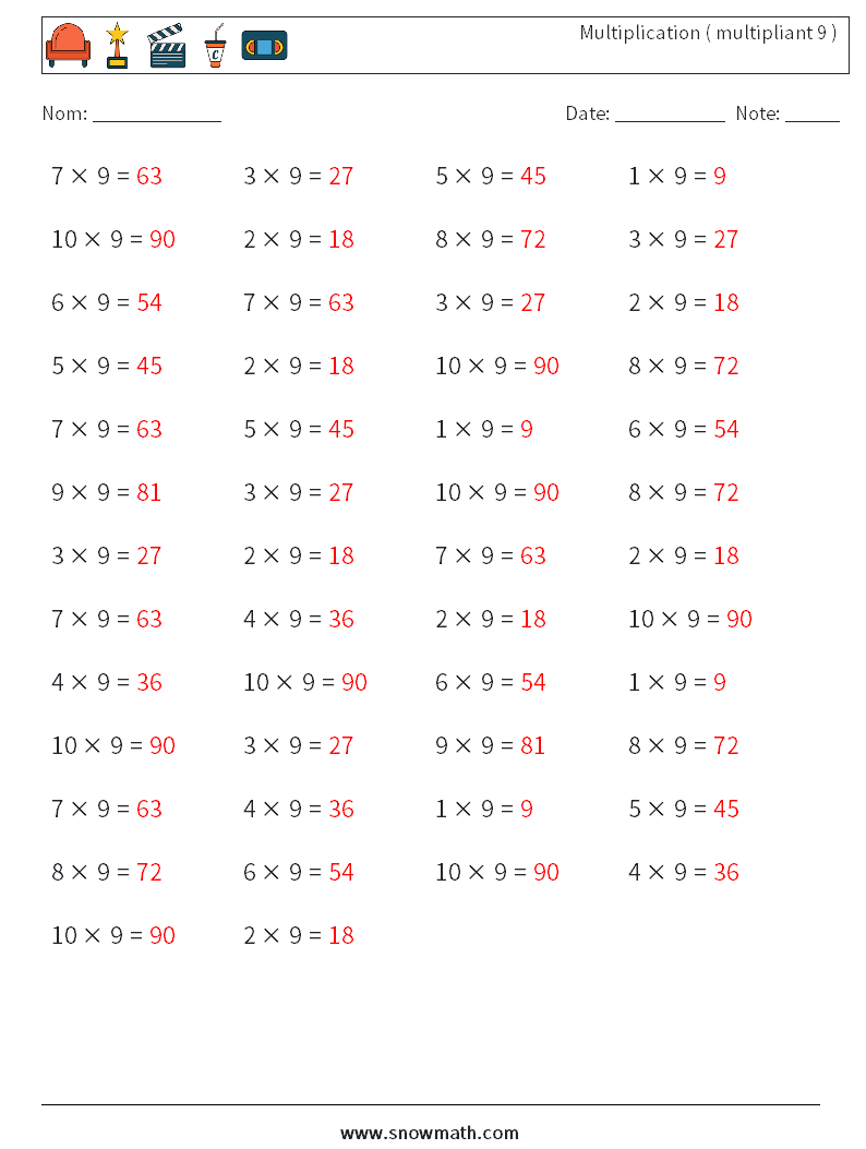 (50) Multiplication ( multipliant 9 ) Fiches d'Exercices de Mathématiques 4 Question, Réponse
