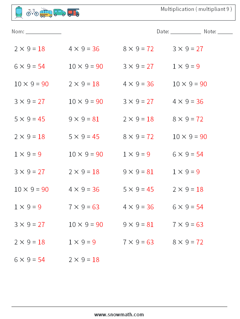 (50) Multiplication ( multipliant 9 ) Fiches d'Exercices de Mathématiques 5 Question, Réponse
