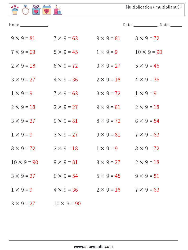 (50) Multiplication ( multipliant 9 ) Fiches d'Exercices de Mathématiques 6 Question, Réponse
