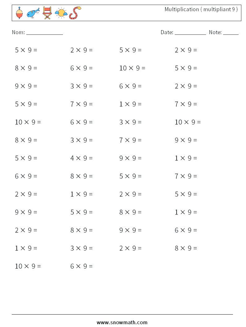(50) Multiplication ( multipliant 9 ) Fiches d'Exercices de Mathématiques 7