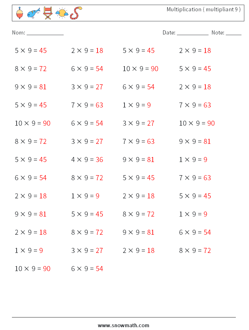 (50) Multiplication ( multipliant 9 ) Fiches d'Exercices de Mathématiques 7 Question, Réponse