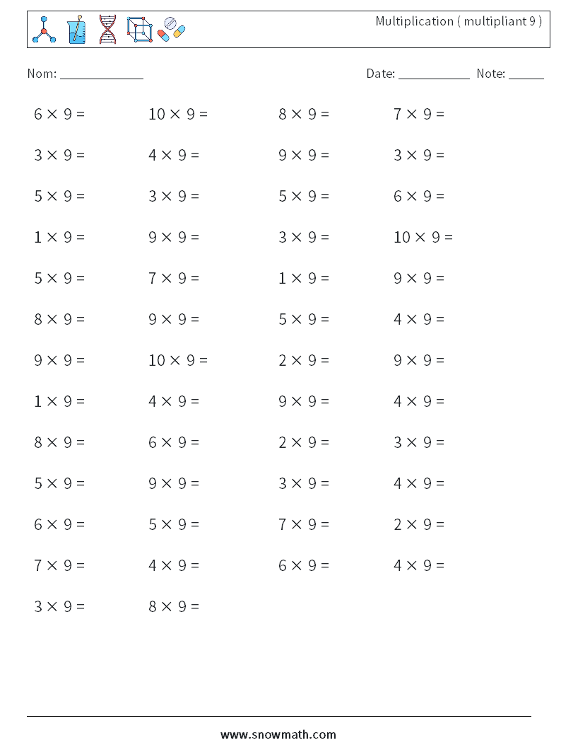 (50) Multiplication ( multipliant 9 ) Fiches d'Exercices de Mathématiques 8