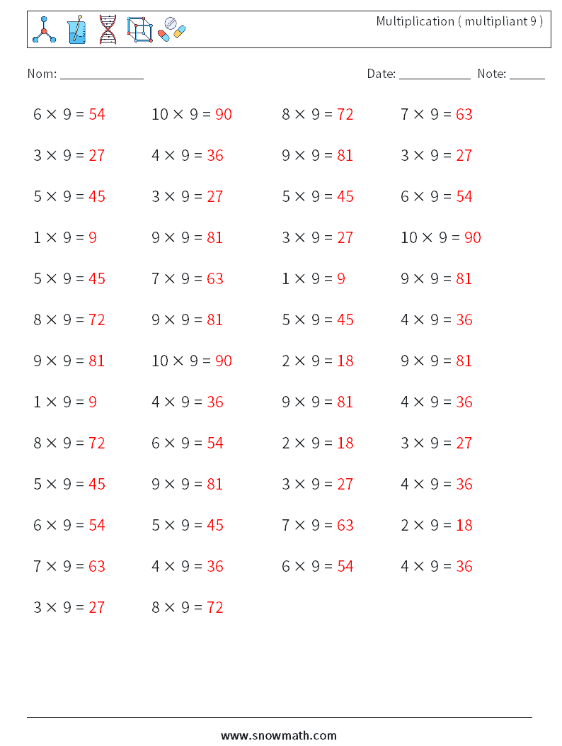 (50) Multiplication ( multipliant 9 ) Fiches d'Exercices de Mathématiques 8 Question, Réponse