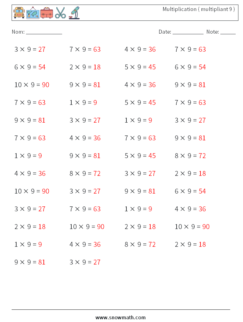 (50) Multiplication ( multipliant 9 ) Fiches d'Exercices de Mathématiques 9 Question, Réponse