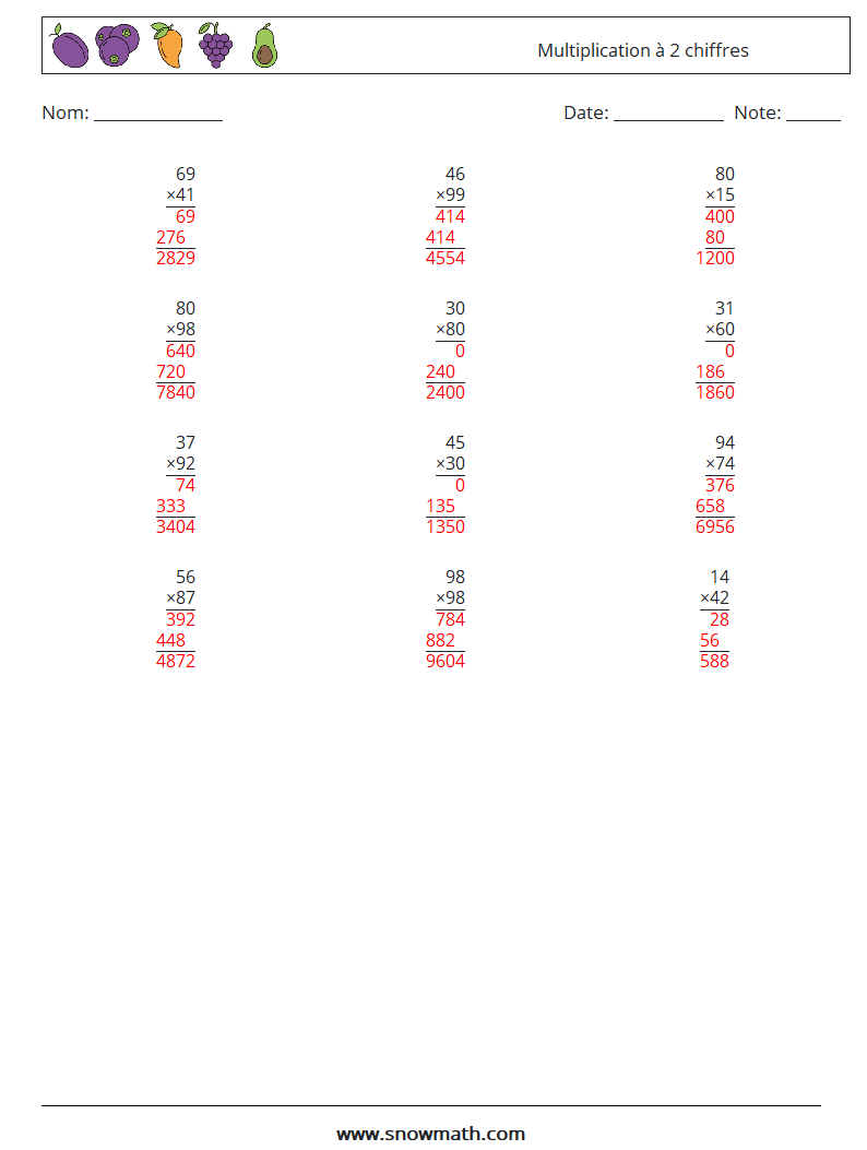 (12) Multiplication à 2 chiffres Fiches d'Exercices de Mathématiques 11 Question, Réponse