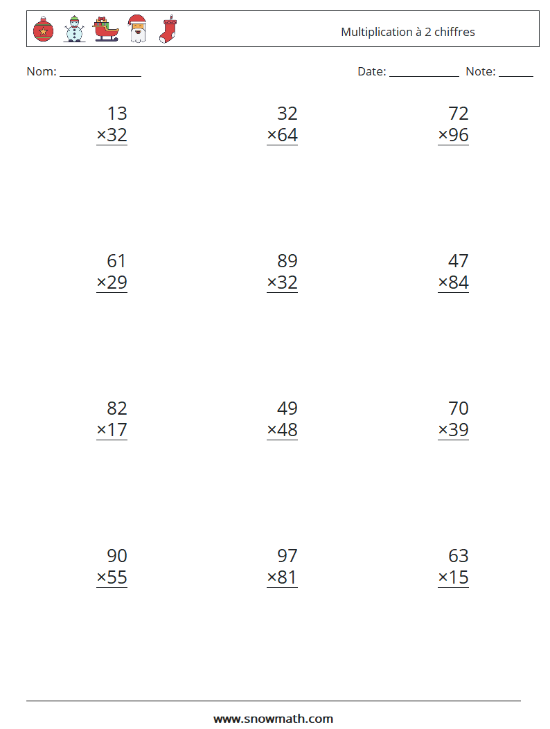(12) Multiplication à 2 chiffres Fiches d'Exercices de Mathématiques 12