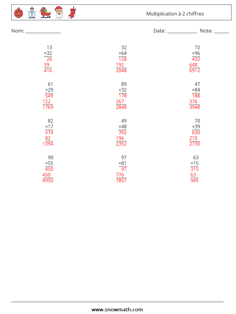 (12) Multiplication à 2 chiffres Fiches d'Exercices de Mathématiques 12 Question, Réponse