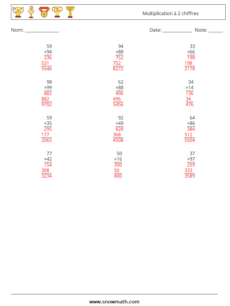 (12) Multiplication à 2 chiffres Fiches d'Exercices de Mathématiques 13 Question, Réponse