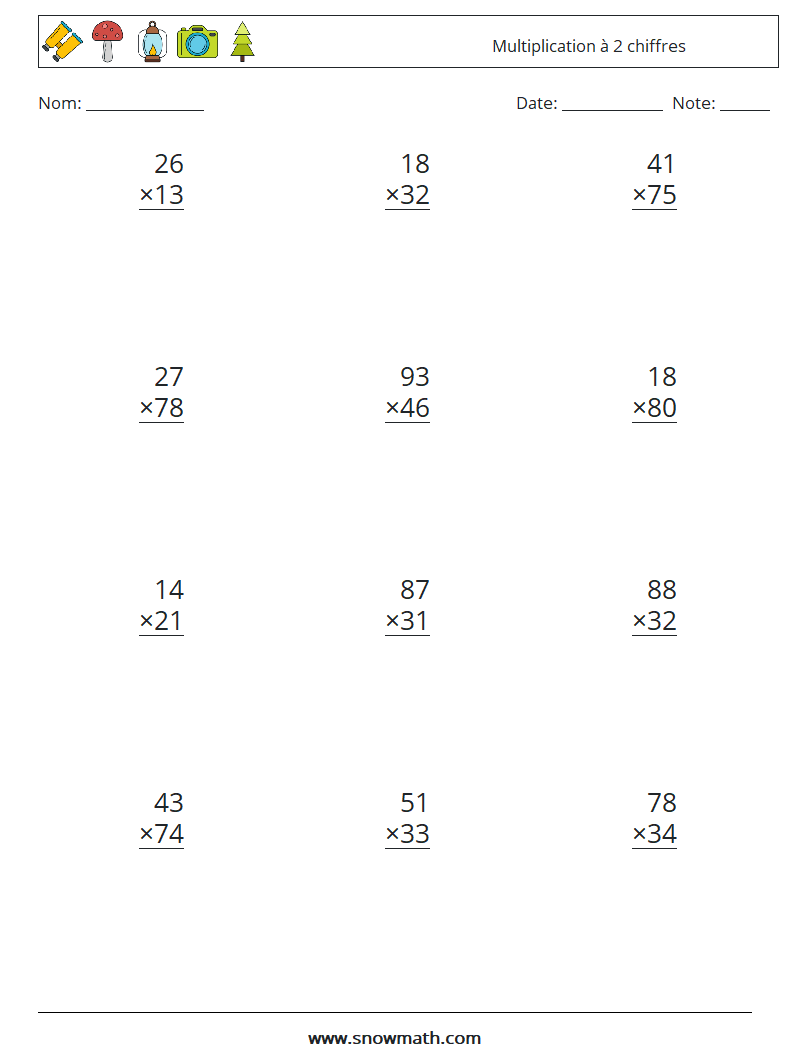 (12) Multiplication à 2 chiffres Fiches d'Exercices de Mathématiques 14