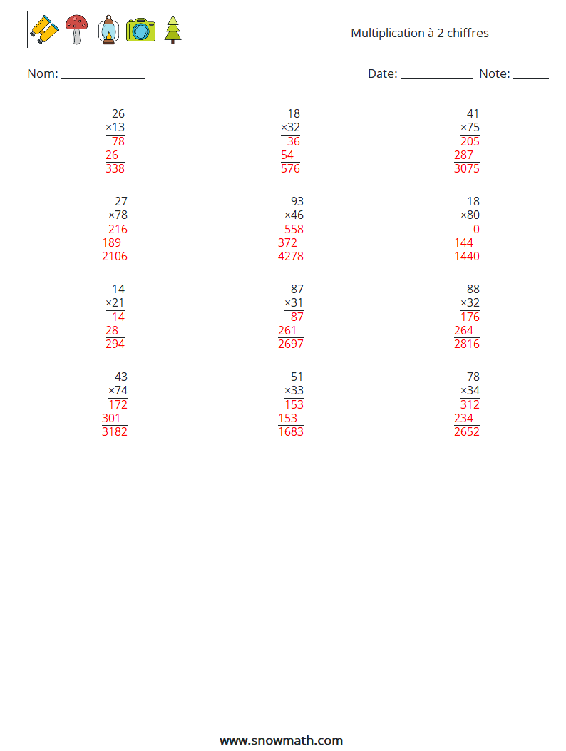 (12) Multiplication à 2 chiffres Fiches d'Exercices de Mathématiques 14 Question, Réponse