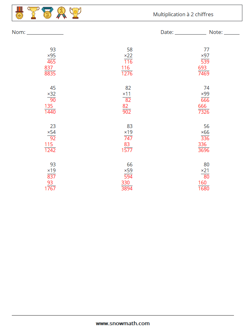 (12) Multiplication à 2 chiffres Fiches d'Exercices de Mathématiques 15 Question, Réponse