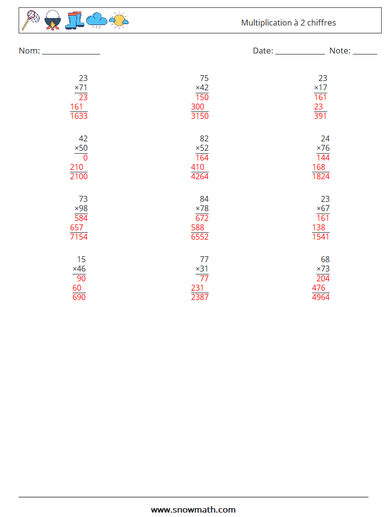 (12) Multiplication à 2 chiffres Fiches d'Exercices de Mathématiques 16 Question, Réponse