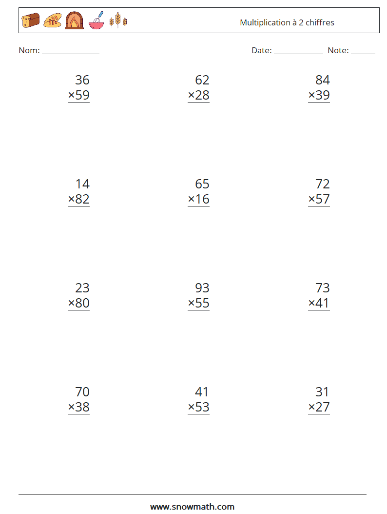 (12) Multiplication à 2 chiffres Fiches d'Exercices de Mathématiques 3
