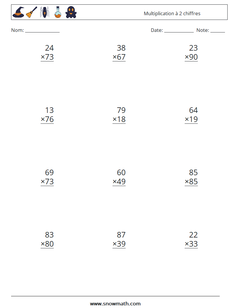 (12) Multiplication à 2 chiffres Fiches d'Exercices de Mathématiques 5