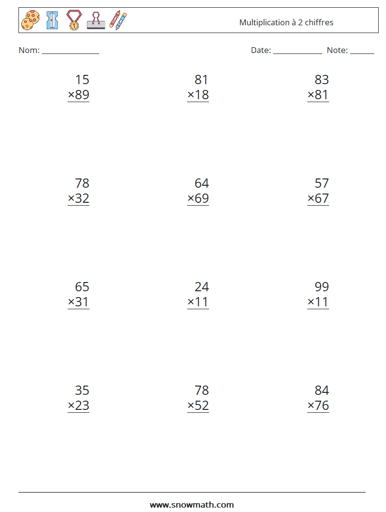(12) Multiplication à 2 chiffres Fiches d'Exercices de Mathématiques 8