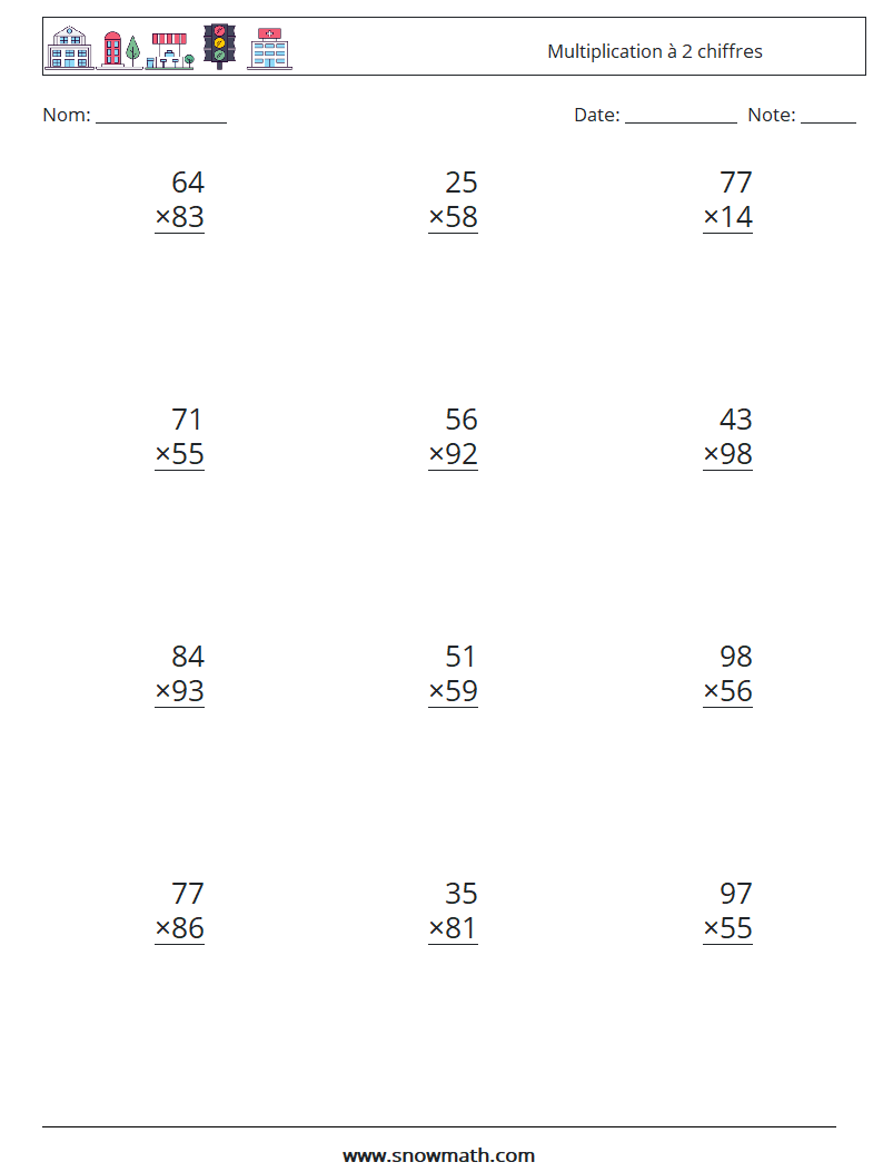 (12) Multiplication à 2 chiffres Fiches d'Exercices de Mathématiques 9
