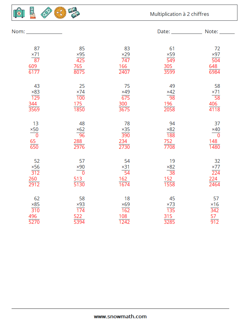 (25) Multiplication à 2 chiffres Fiches d'Exercices de Mathématiques 11 Question, Réponse