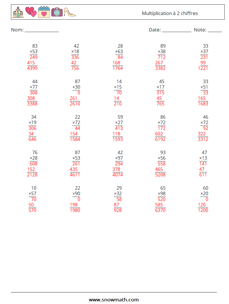 (25) Multiplication à 2 chiffres Fiches d'Exercices de Mathématiques 15 Question, Réponse