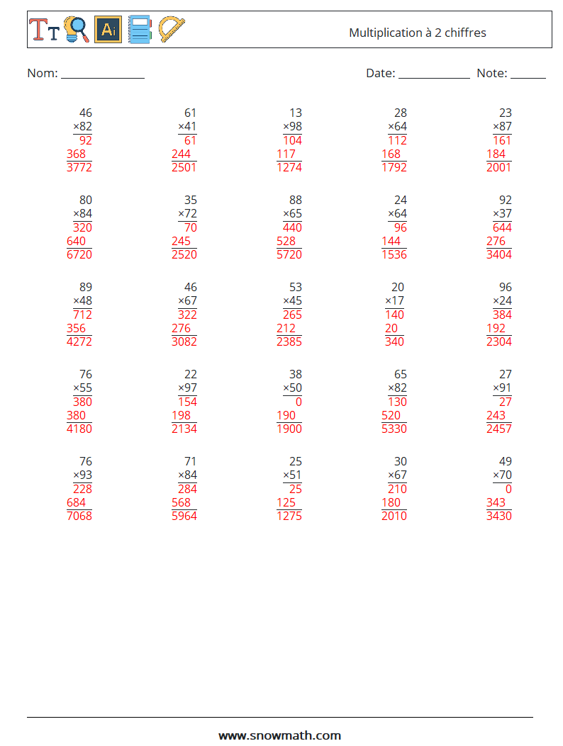 (25) Multiplication à 2 chiffres Fiches d'Exercices de Mathématiques 17 Question, Réponse