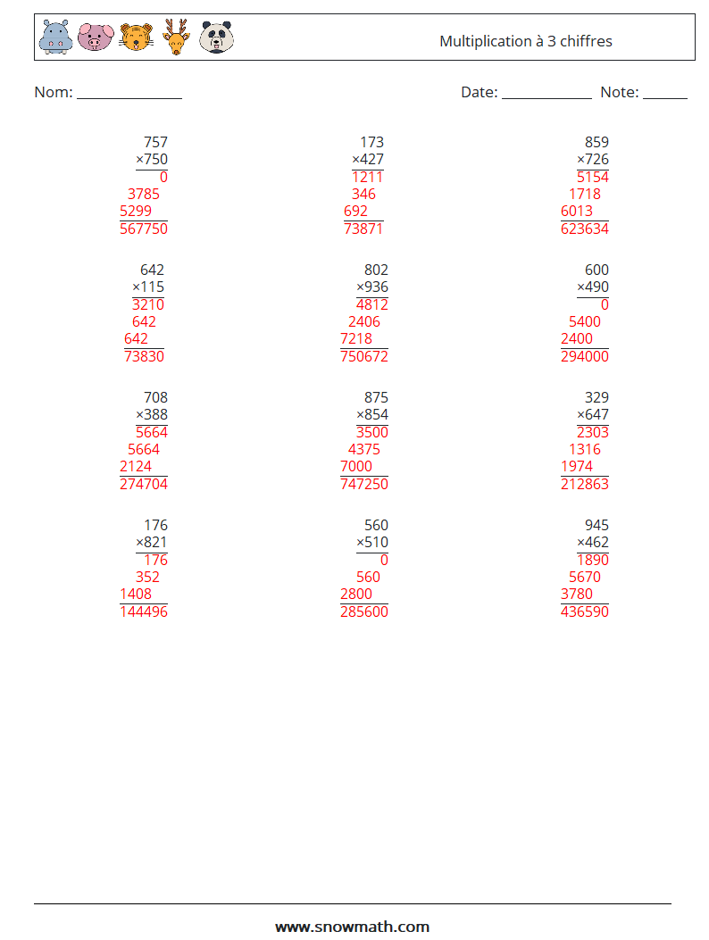 (12) Multiplication à 3 chiffres Fiches d'Exercices de Mathématiques 13 Question, Réponse